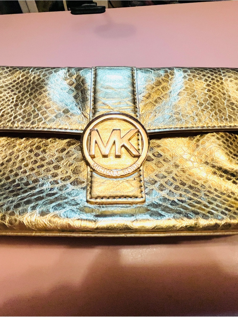 Michael Kors Fulton Metallic Gold Snake-Texture Shoulder Bag & Clutch